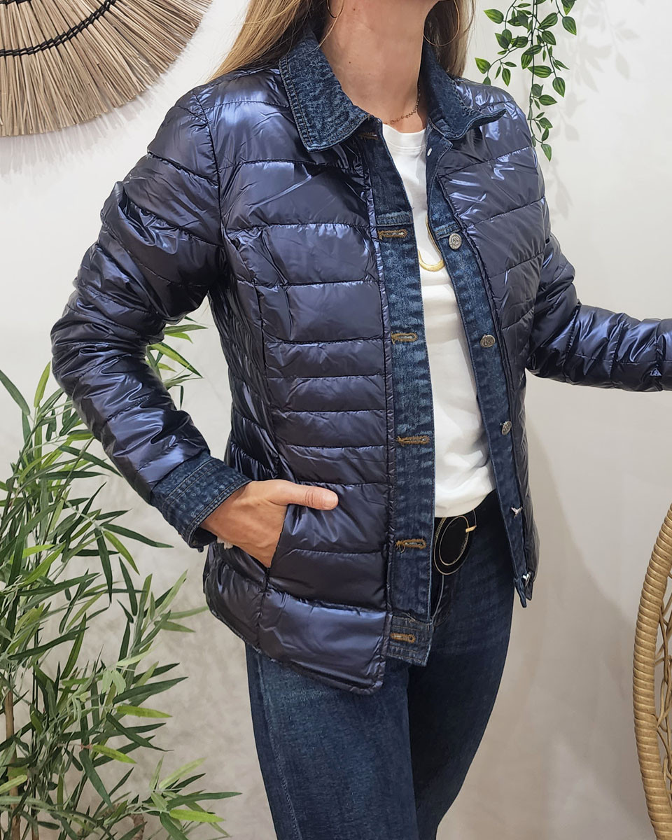 Doudoune bleu métallisé rebords jeans