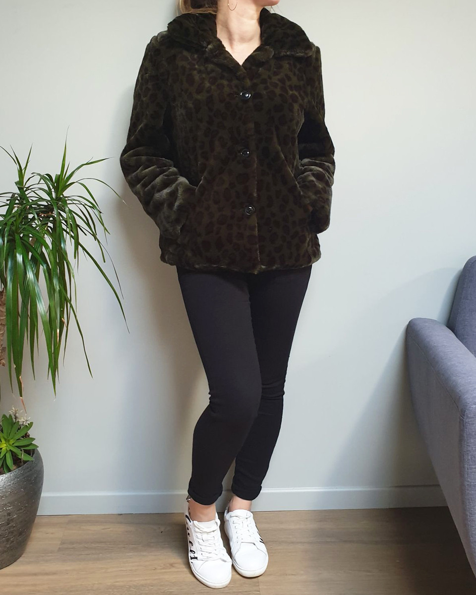 Manteau fausse fourrure leopard kaki