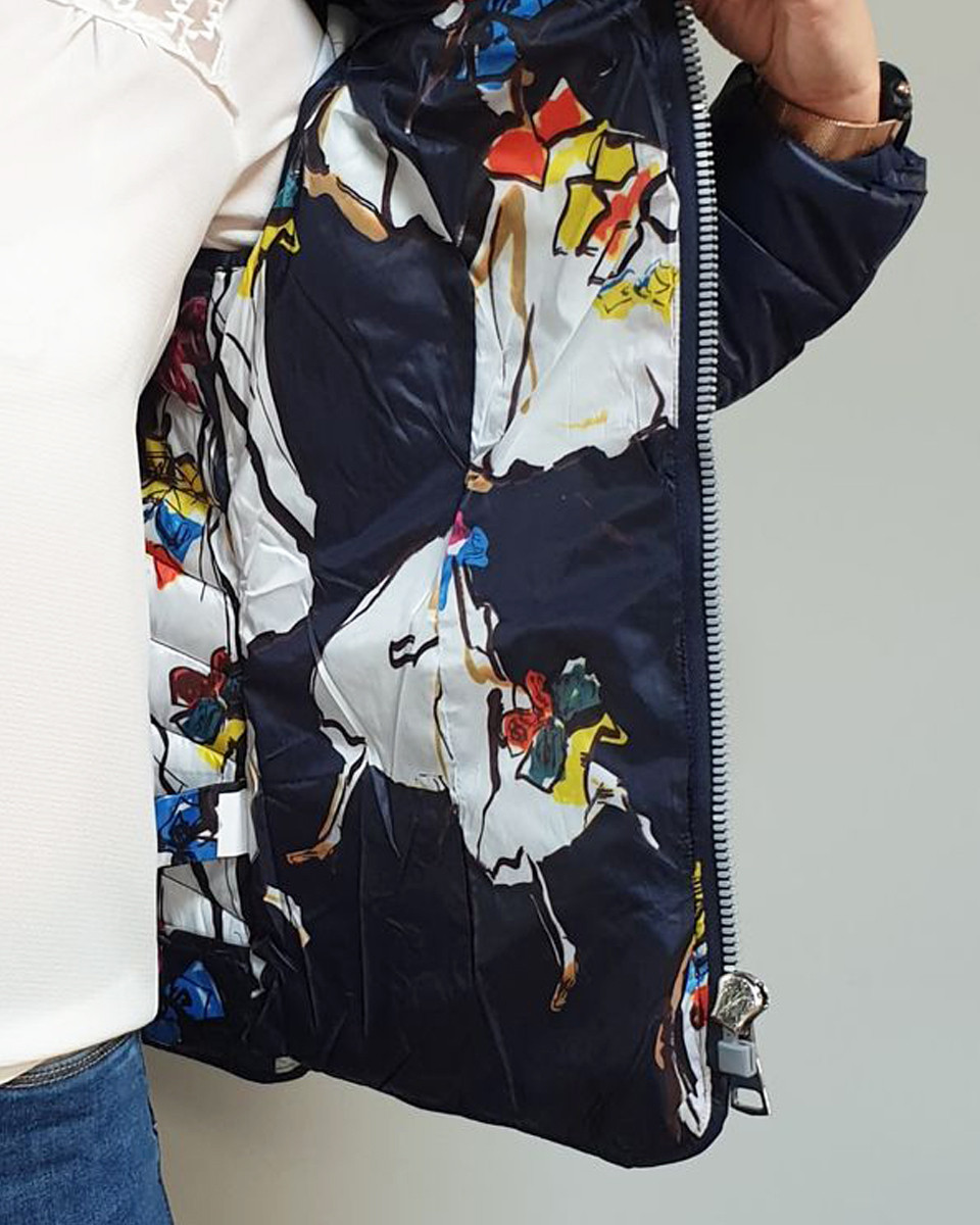 Doudoune marine à capuche intérieur imprimés multicolores