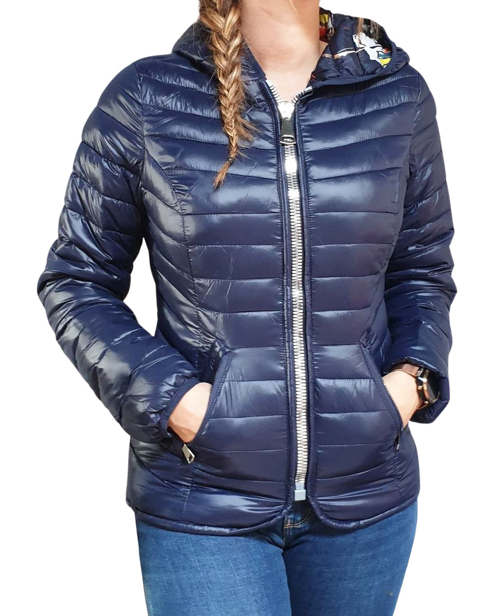 Doudoune marine à capuche intérieur imprimés multicolores