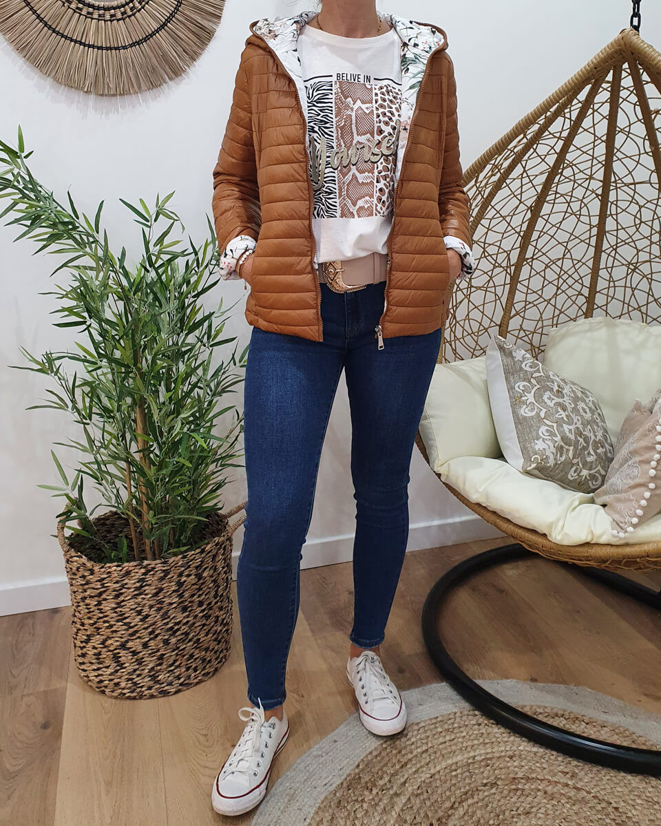 Doudoune à capuche réversible camel