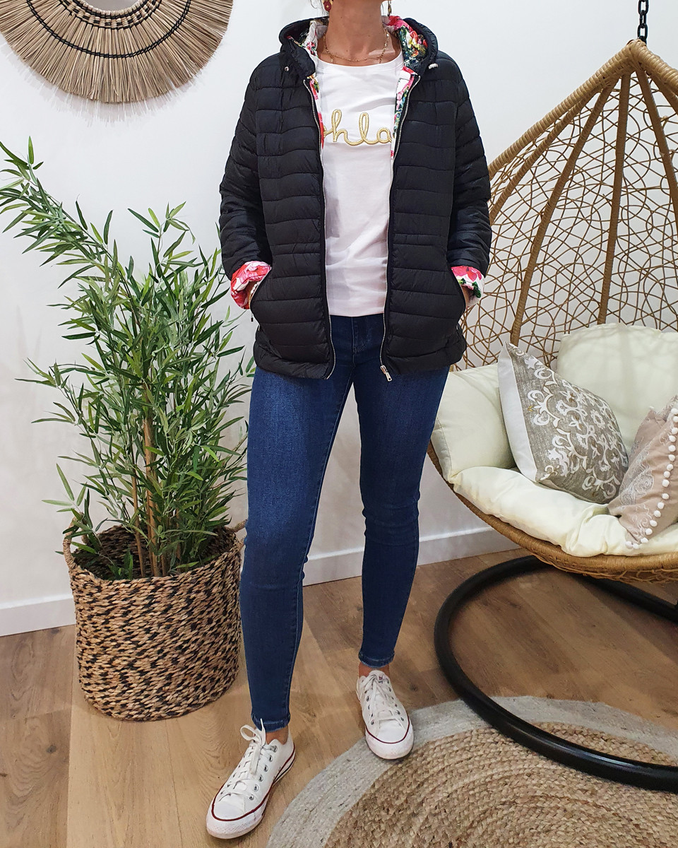 Doudoune à capuche noire intérieur imprimé floral