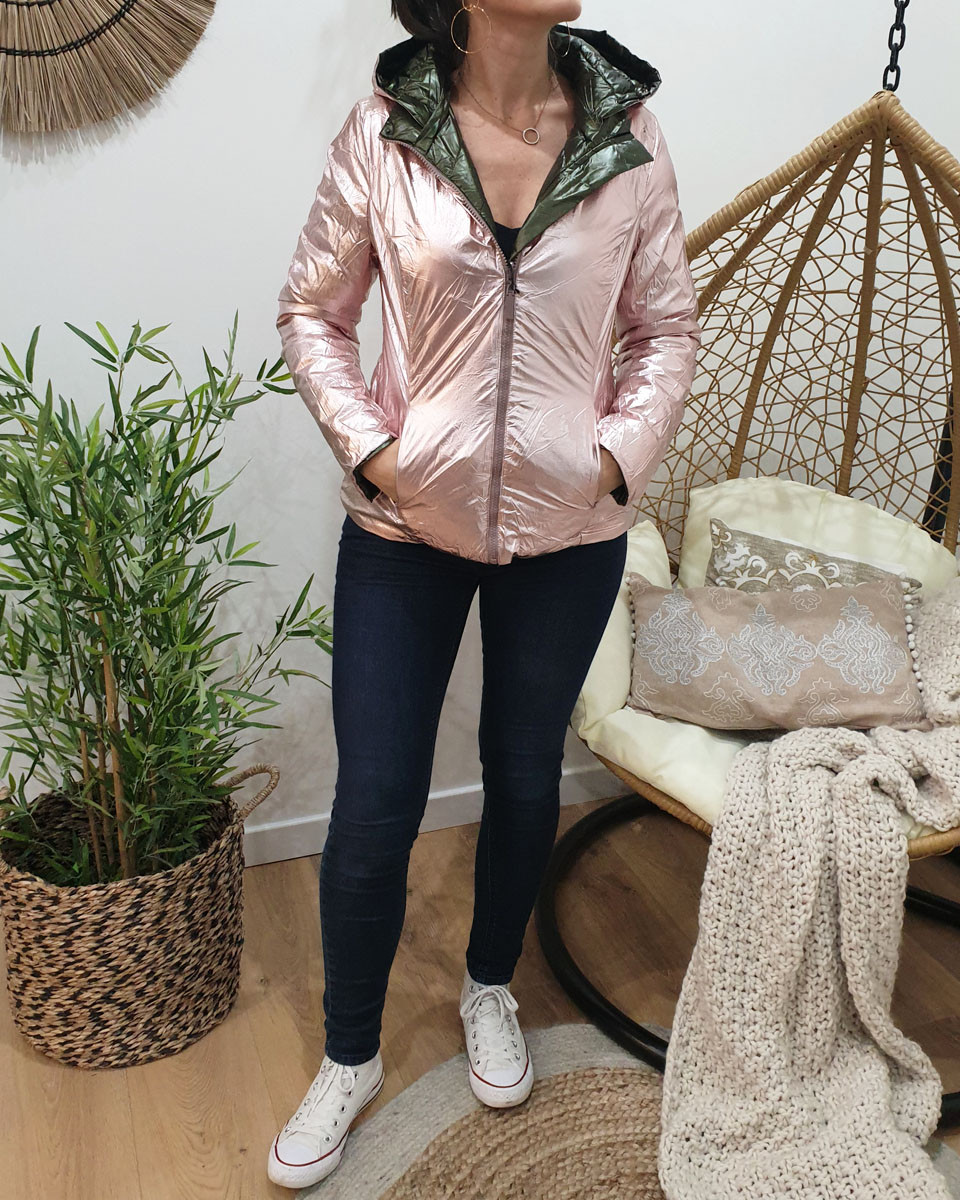 Doudoune femme réversible métallisée kaki et rose