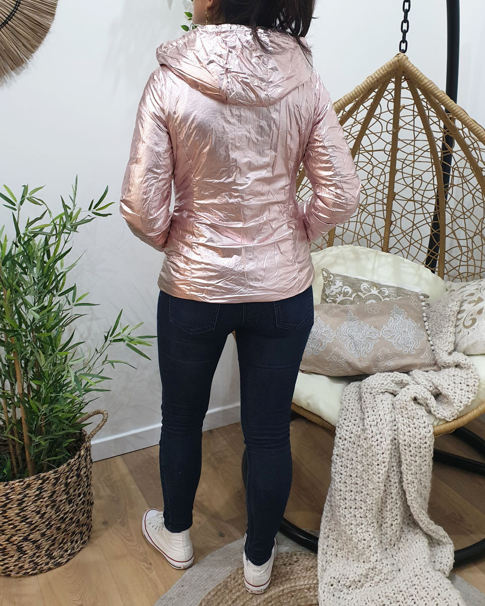 Doudoune femme réversible métallisée kaki et rose