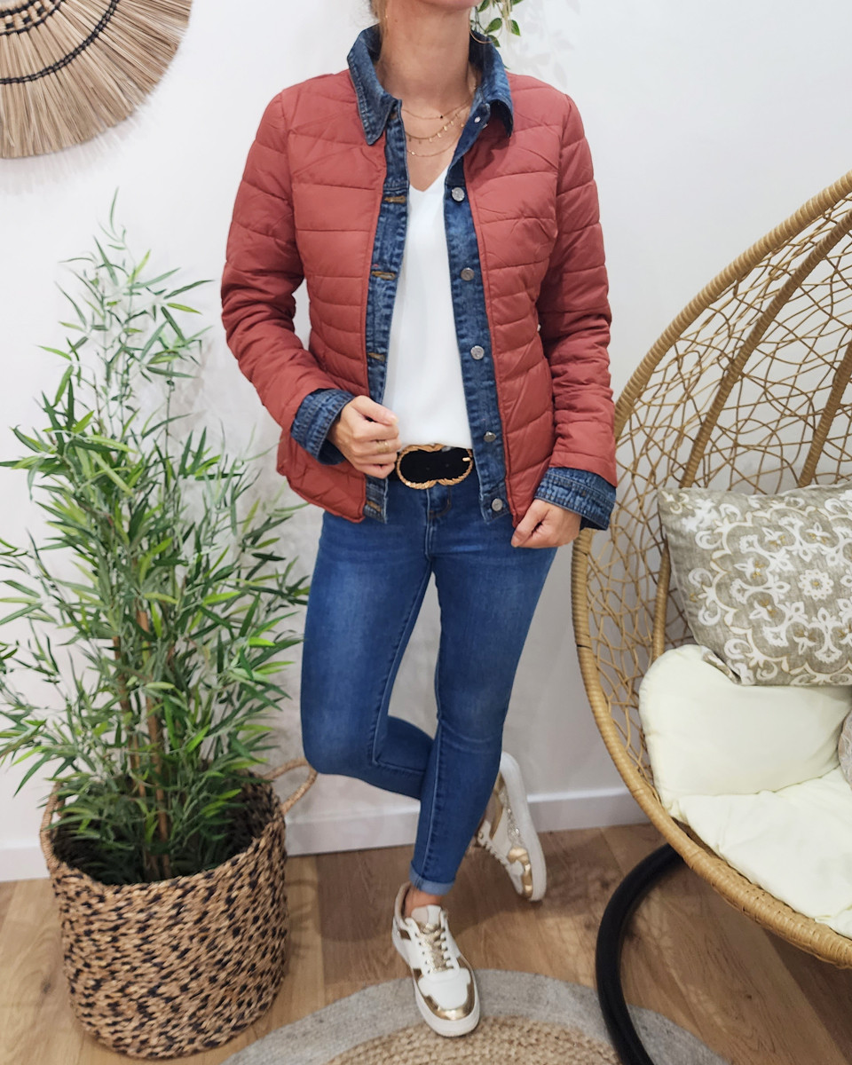Doudoune femme terracota mate rebords jeans