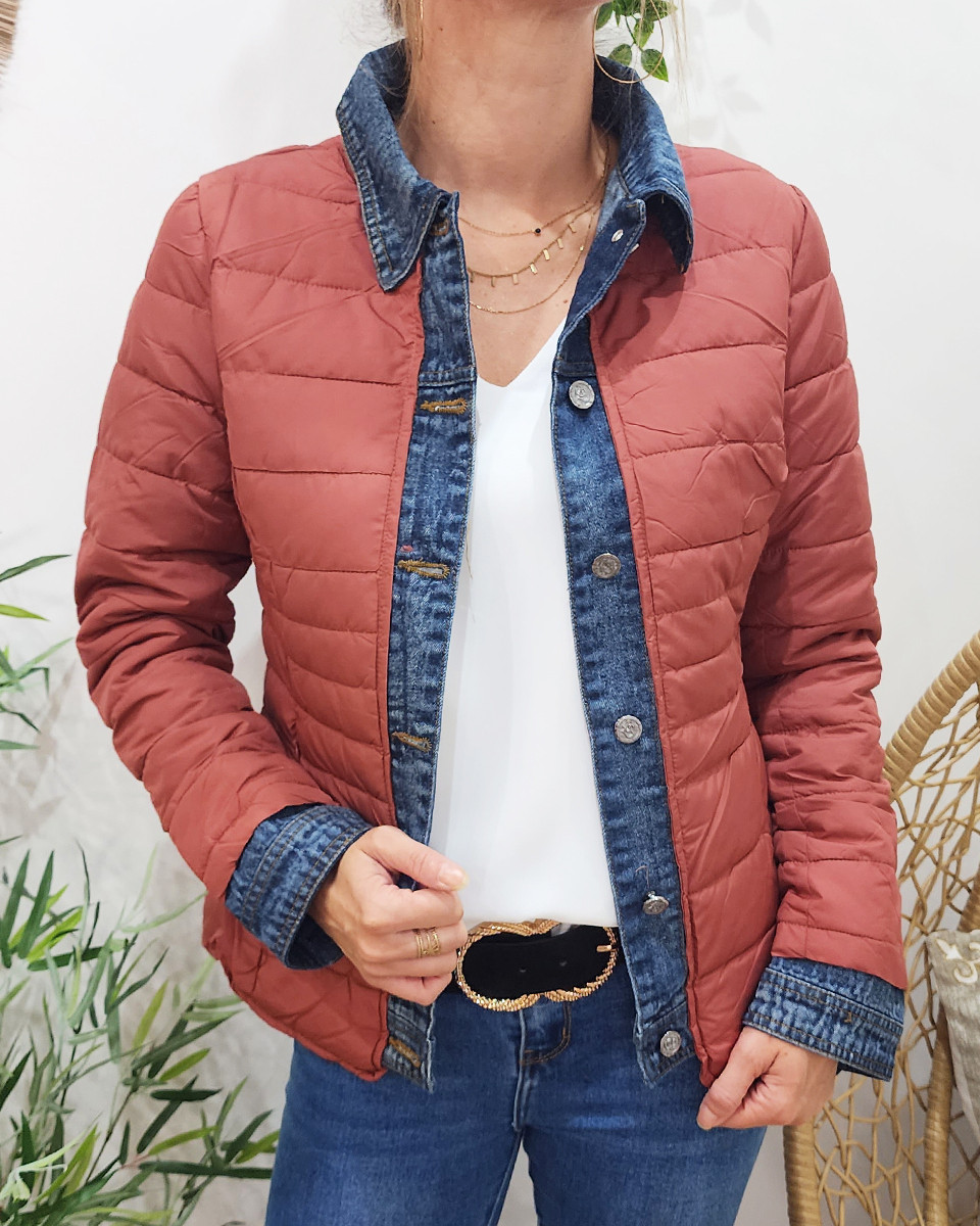 Doudoune femme terracota mate rebords jeans