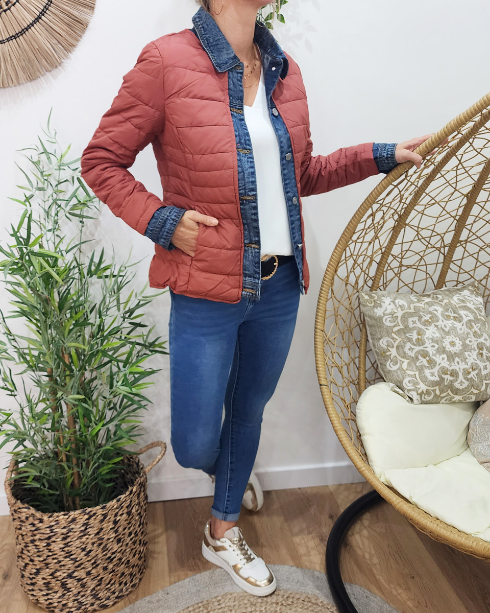 Doudoune femme terracota mate rebords jeans