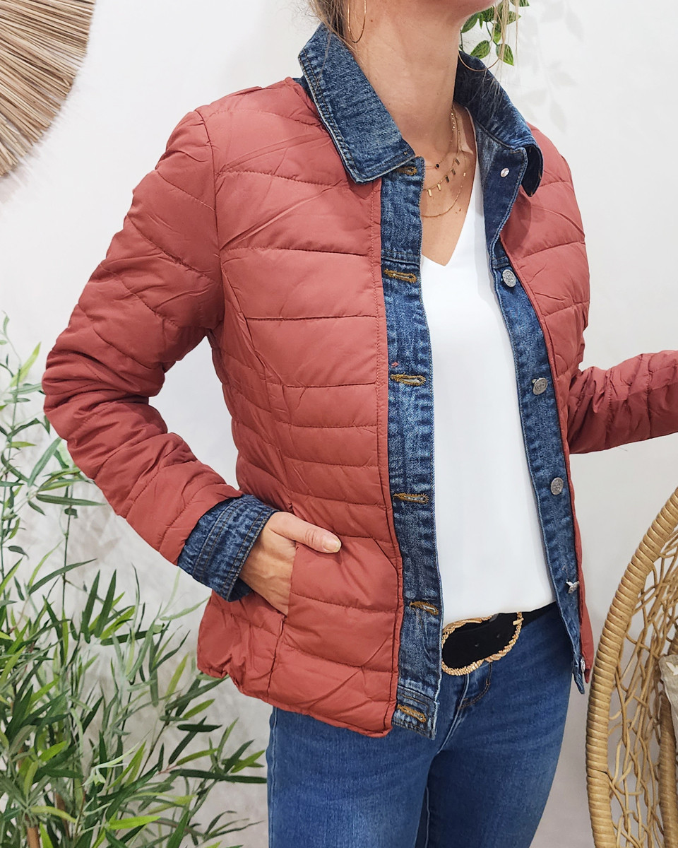 Doudoune femme terracota mate rebords jeans