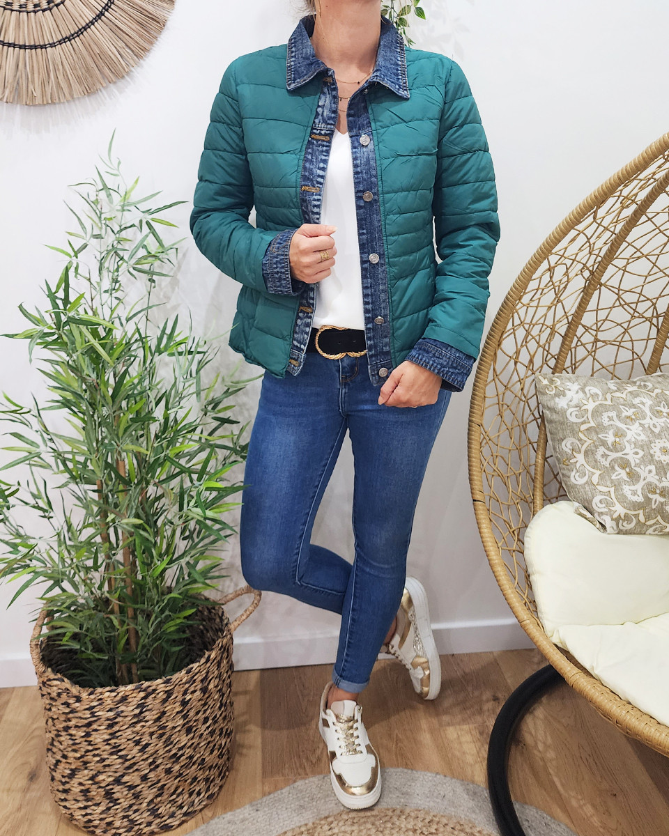 Doudoune femme vert emeraude rebords jeans