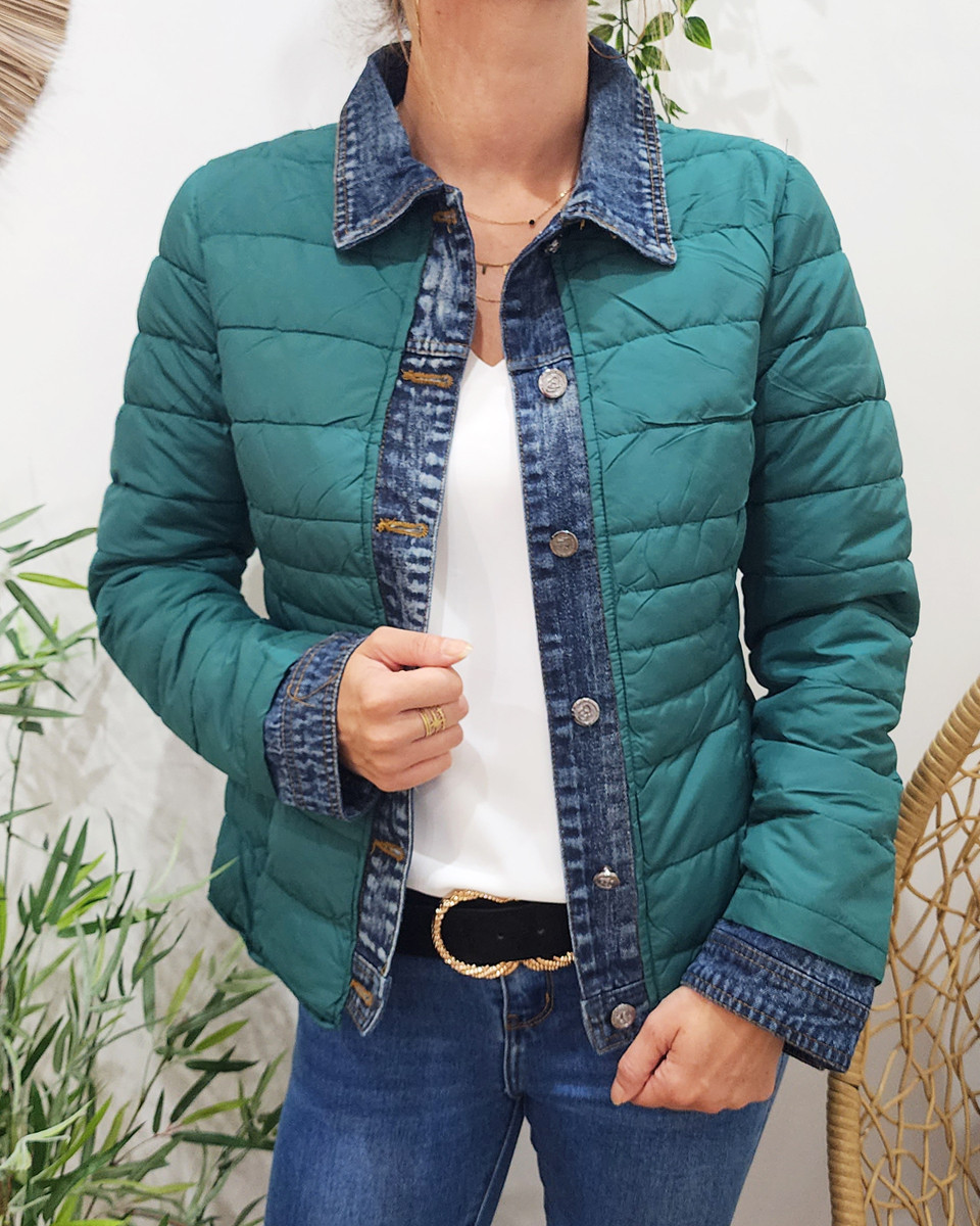 Doudoune femme vert emeraude rebords jeans