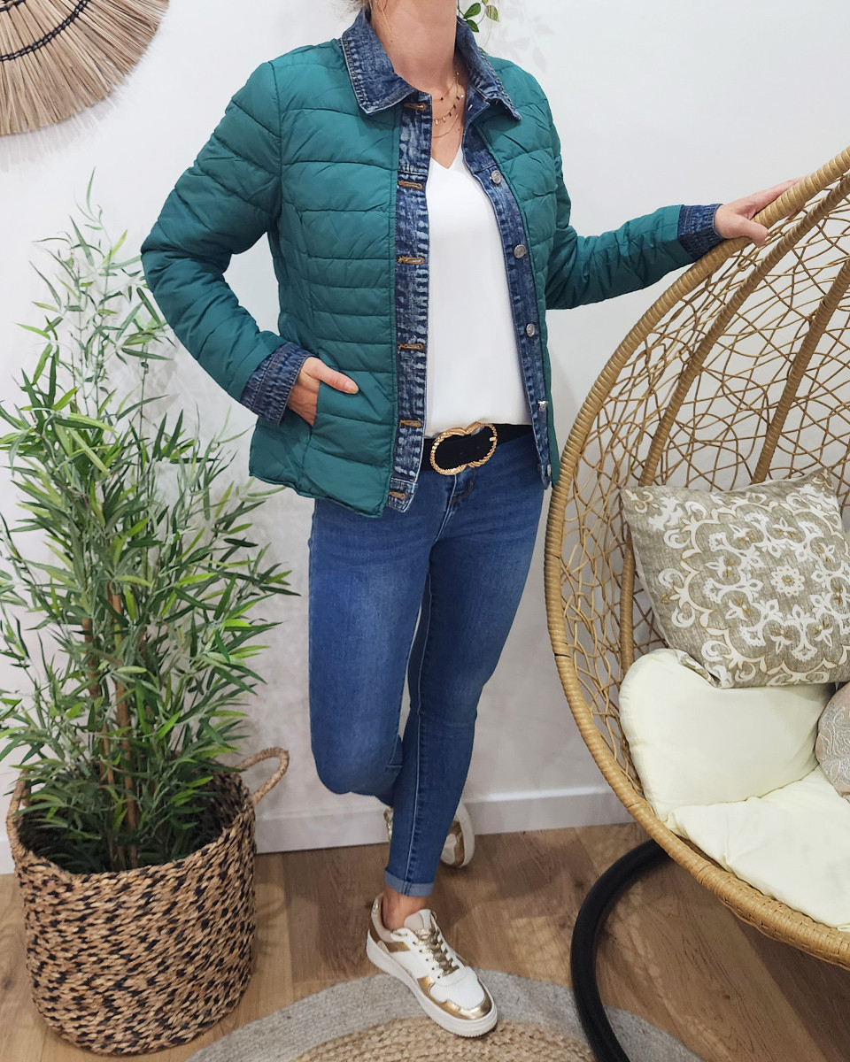 Doudoune femme vert emeraude rebords jeans