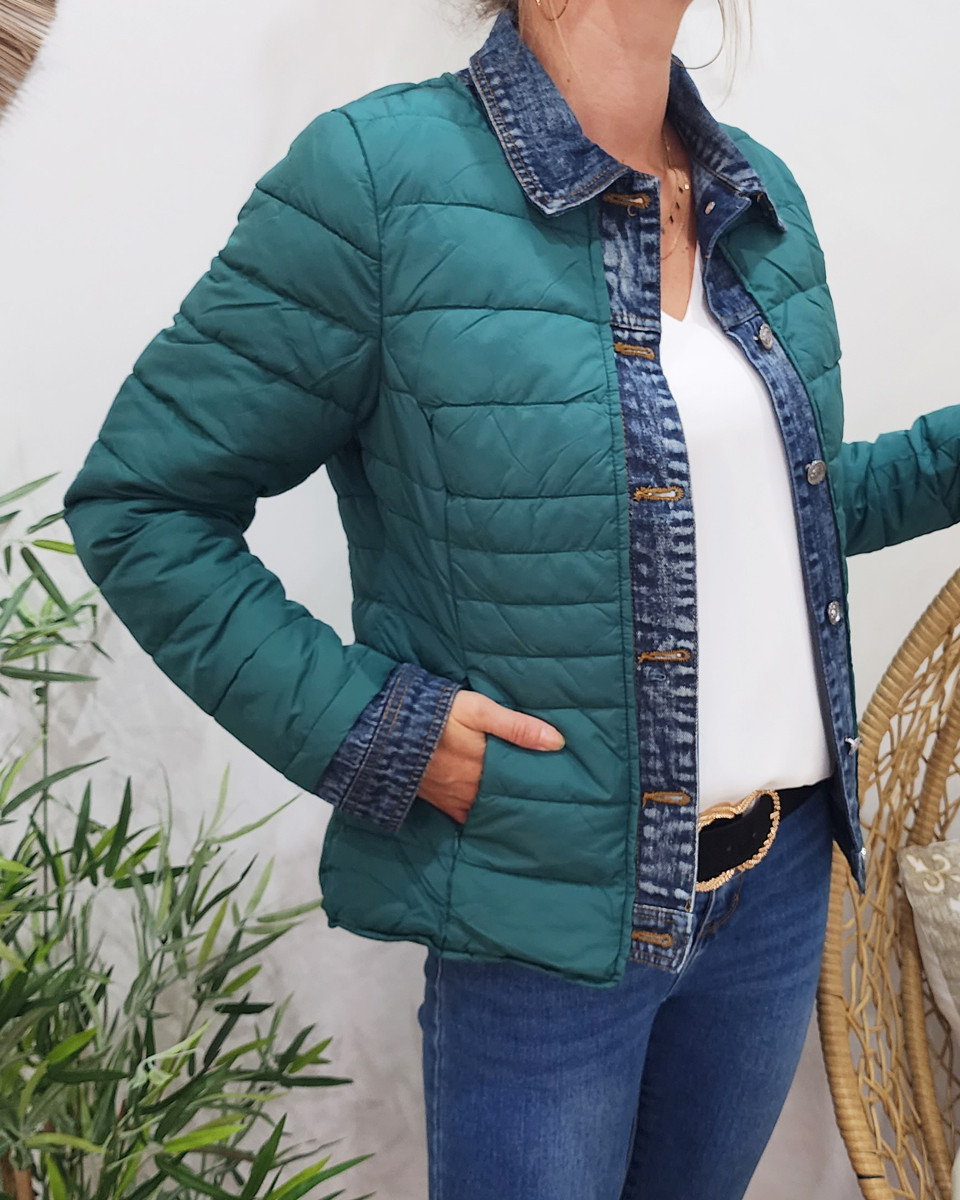 Doudoune femme vert emeraude rebords jeans