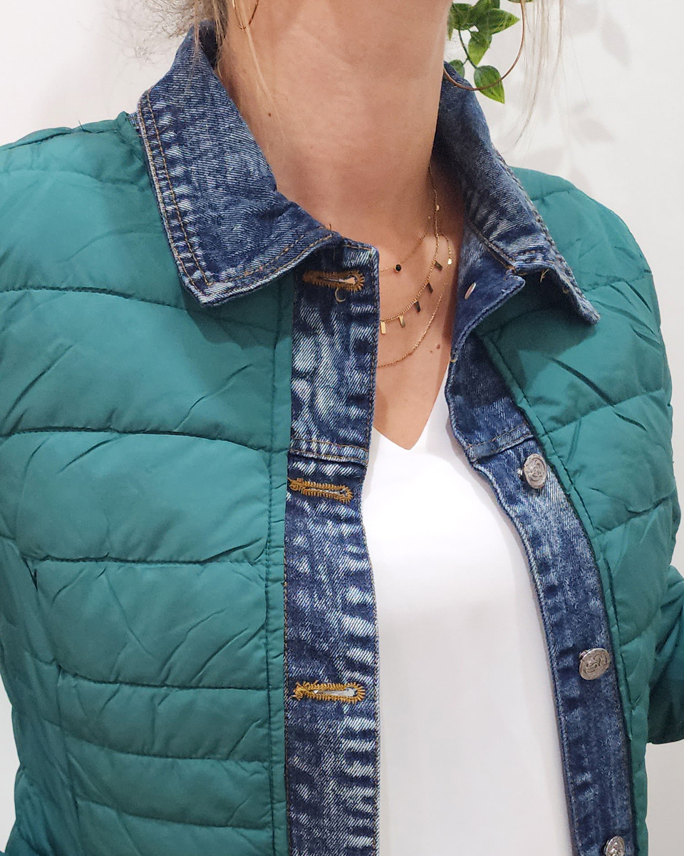 Doudoune femme vert emeraude rebords jeans