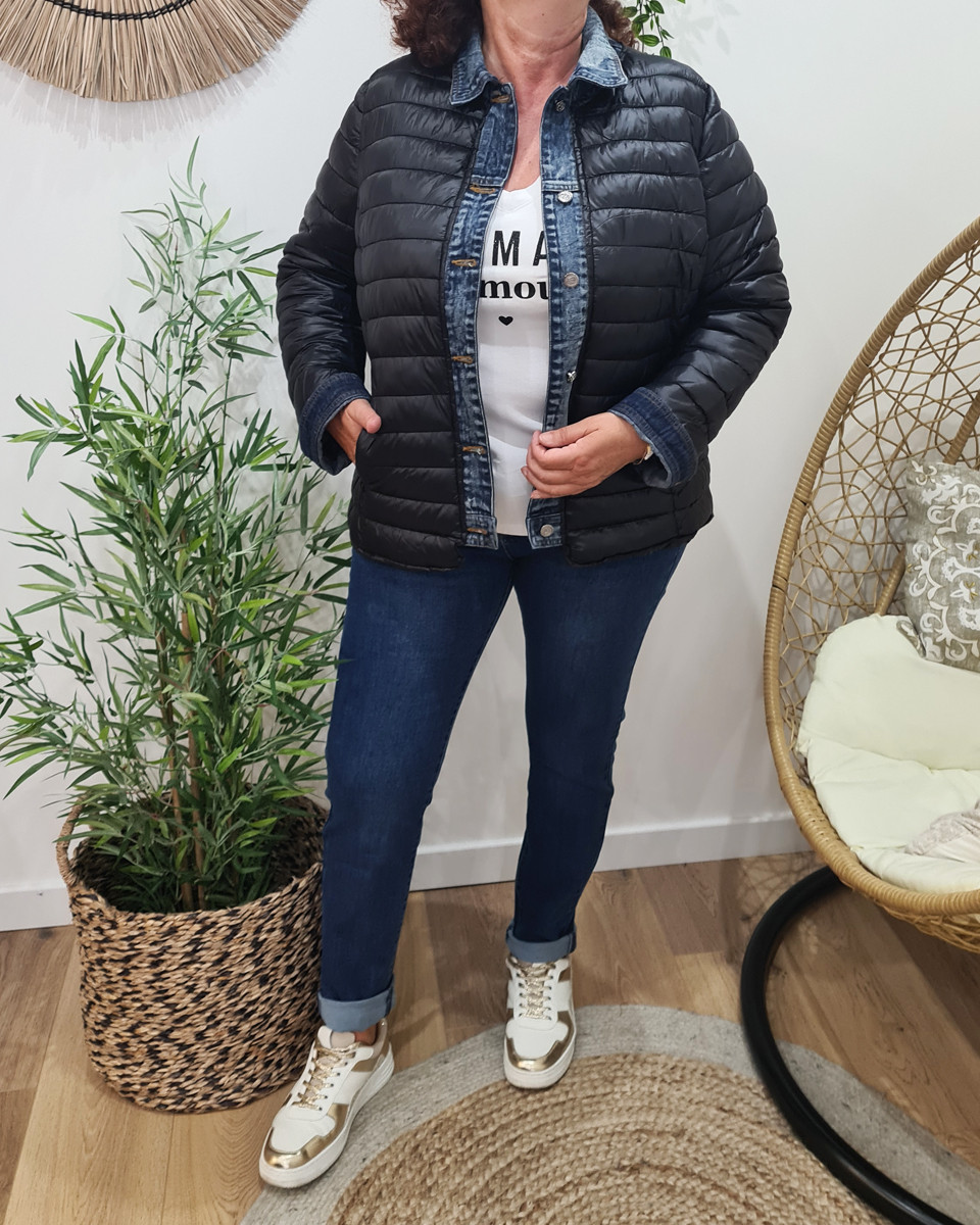 Doudoune femme grande taille noire rebords jeans
