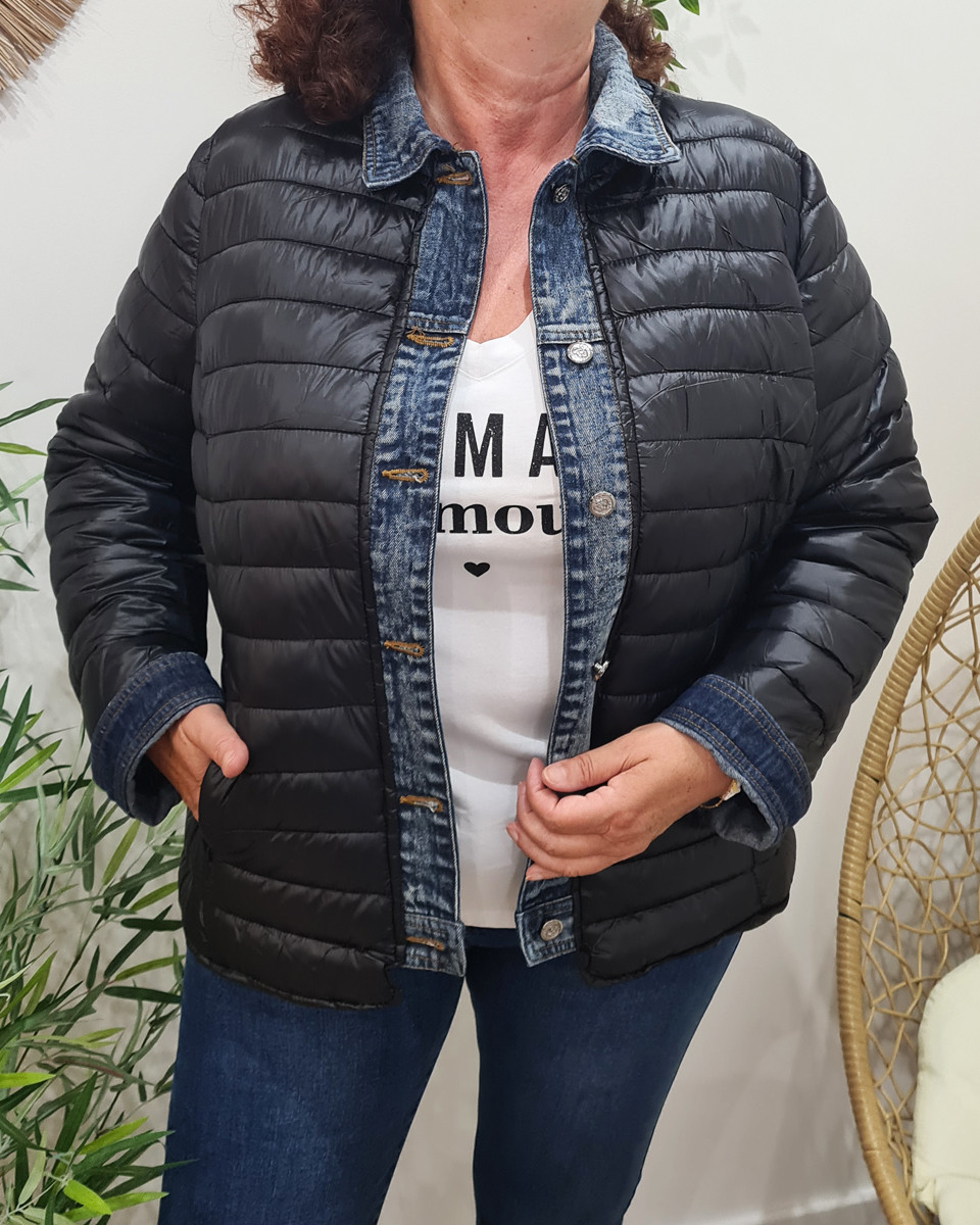 Doudoune femme grande taille noire rebords jeans