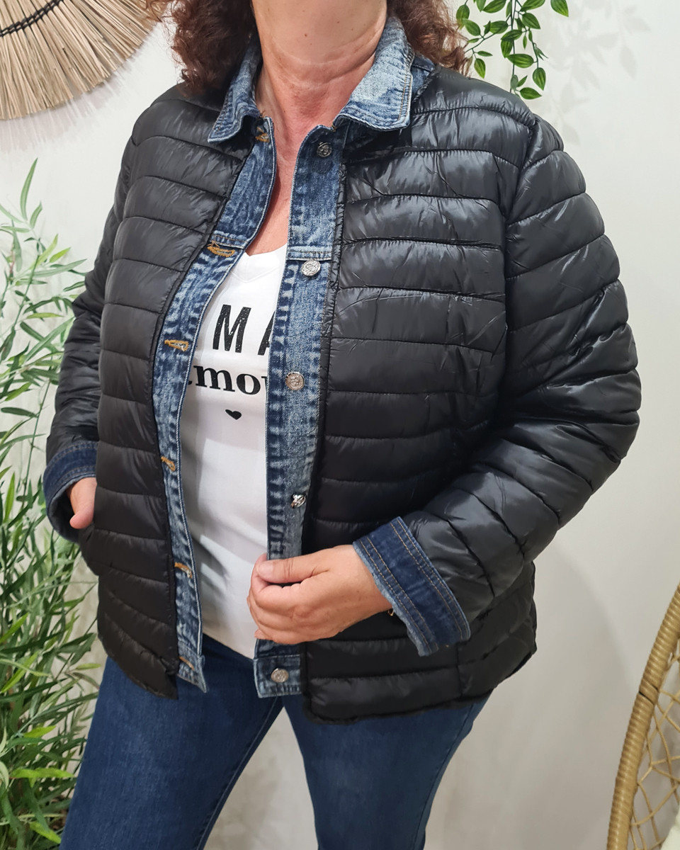 Doudoune femme grande taille noire rebords jeans