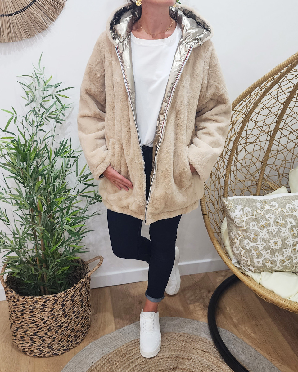 Parka femme réversible dorée fausse fourrure beige