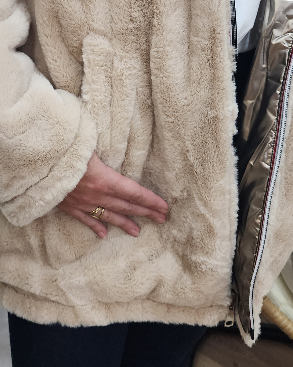 Parka femme réversible dorée fausse fourrure beige