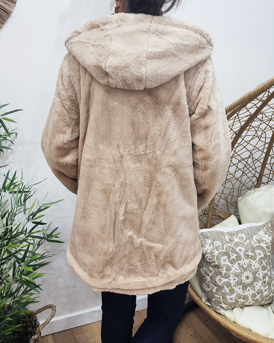 Parka femme réversible dorée fausse fourrure beige