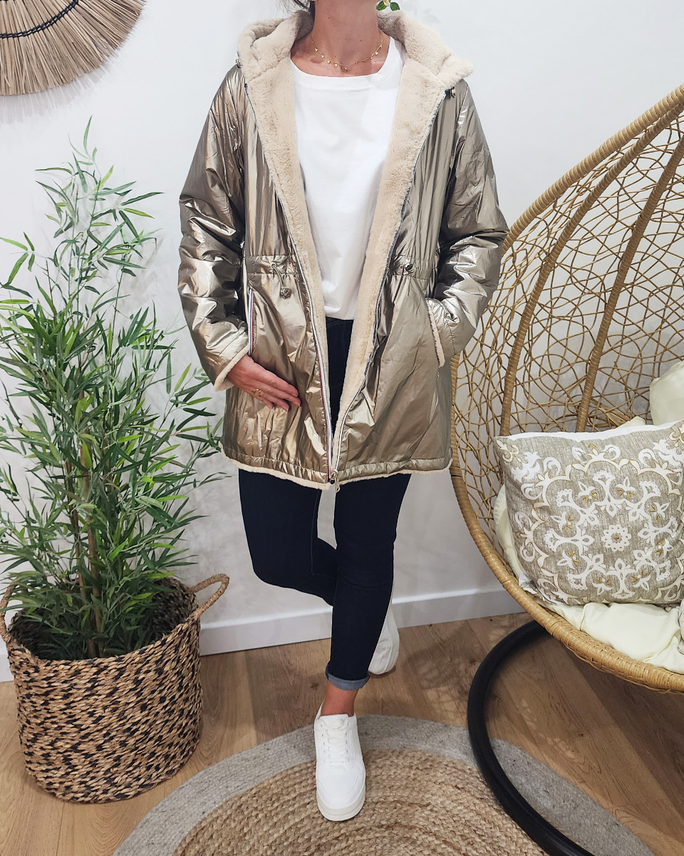 Parka femme réversible dorée fausse fourrure beige