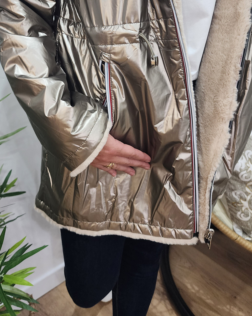 Parka femme réversible dorée fausse fourrure beige