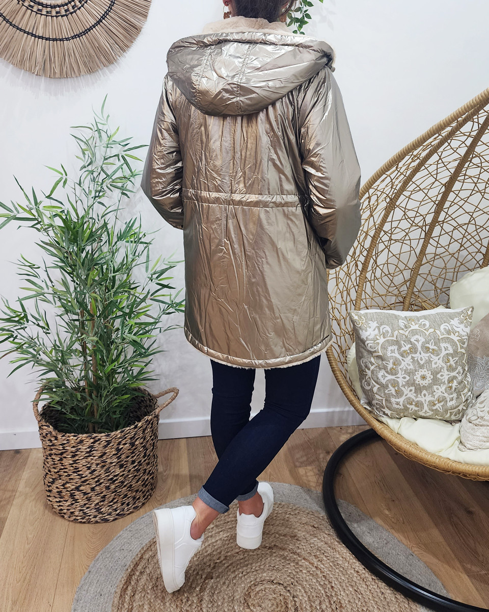 Parka femme réversible dorée fausse fourrure beige