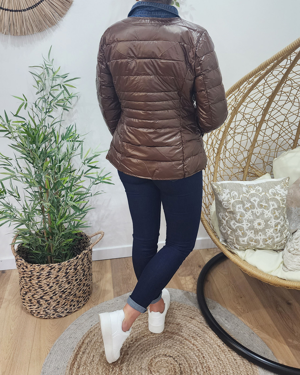 Doudoune femme marron métallisé rebords jeans