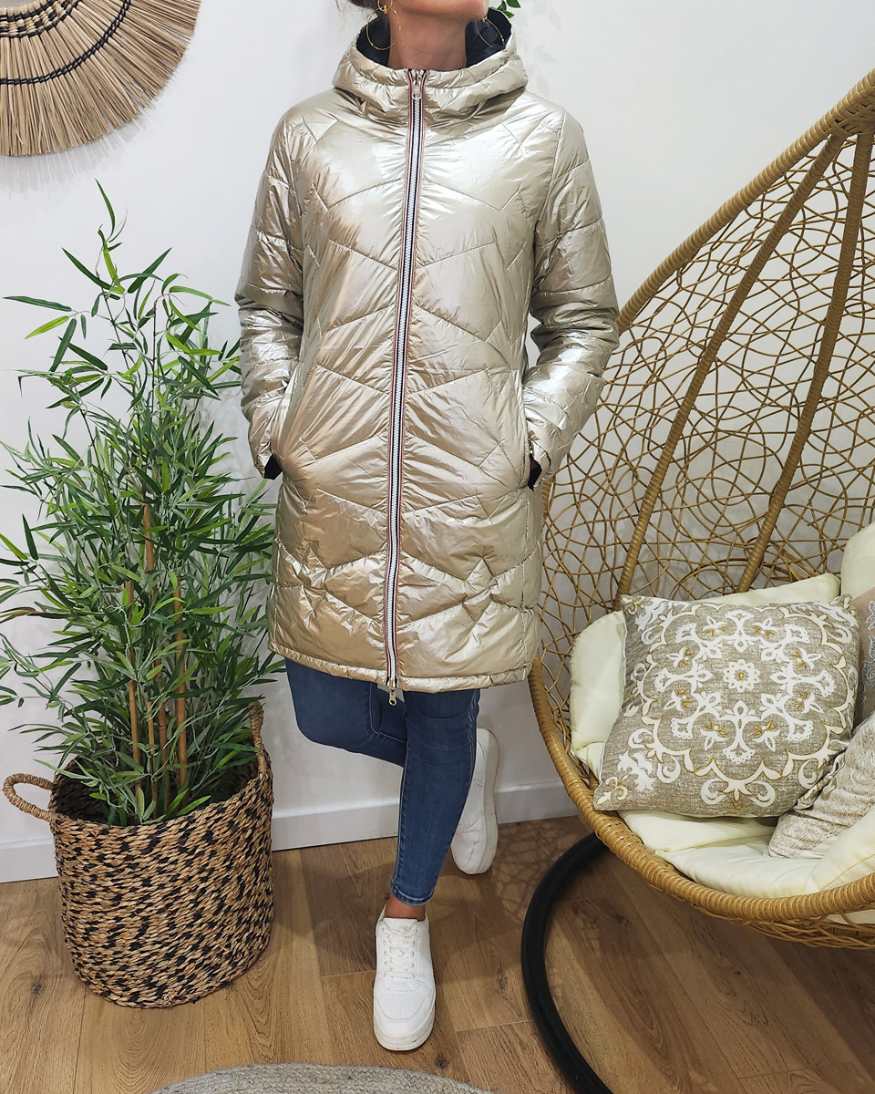 Parka doudoune femme longue épaisse réversible noire et dorée