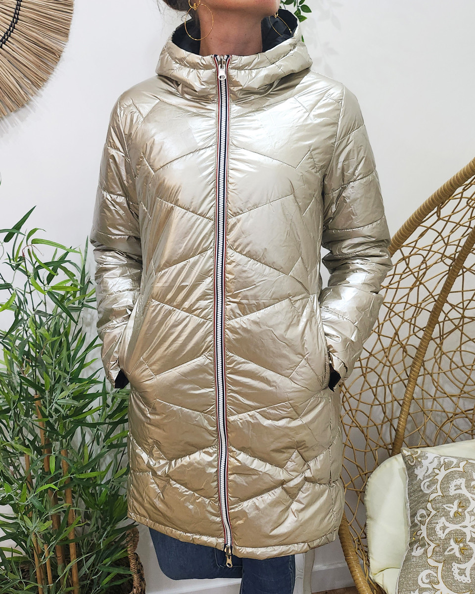 Parka doudoune femme longue épaisse réversible noire et dorée