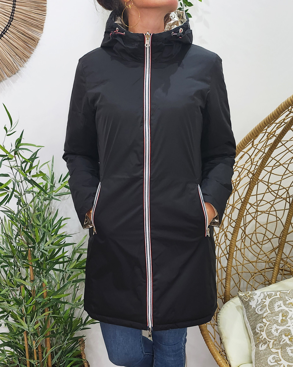 Parka doudoune femme longue épaisse réversible noire et dorée