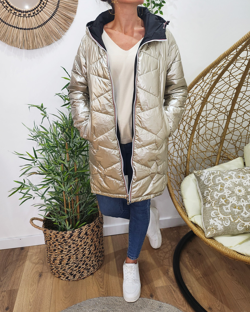 Parka doudoune femme longue épaisse réversible noire et dorée