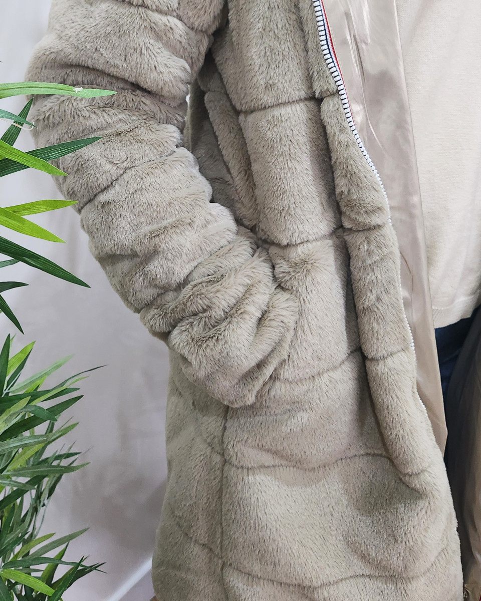 Parka femme longue réversible dorée fausse fourrure beige
