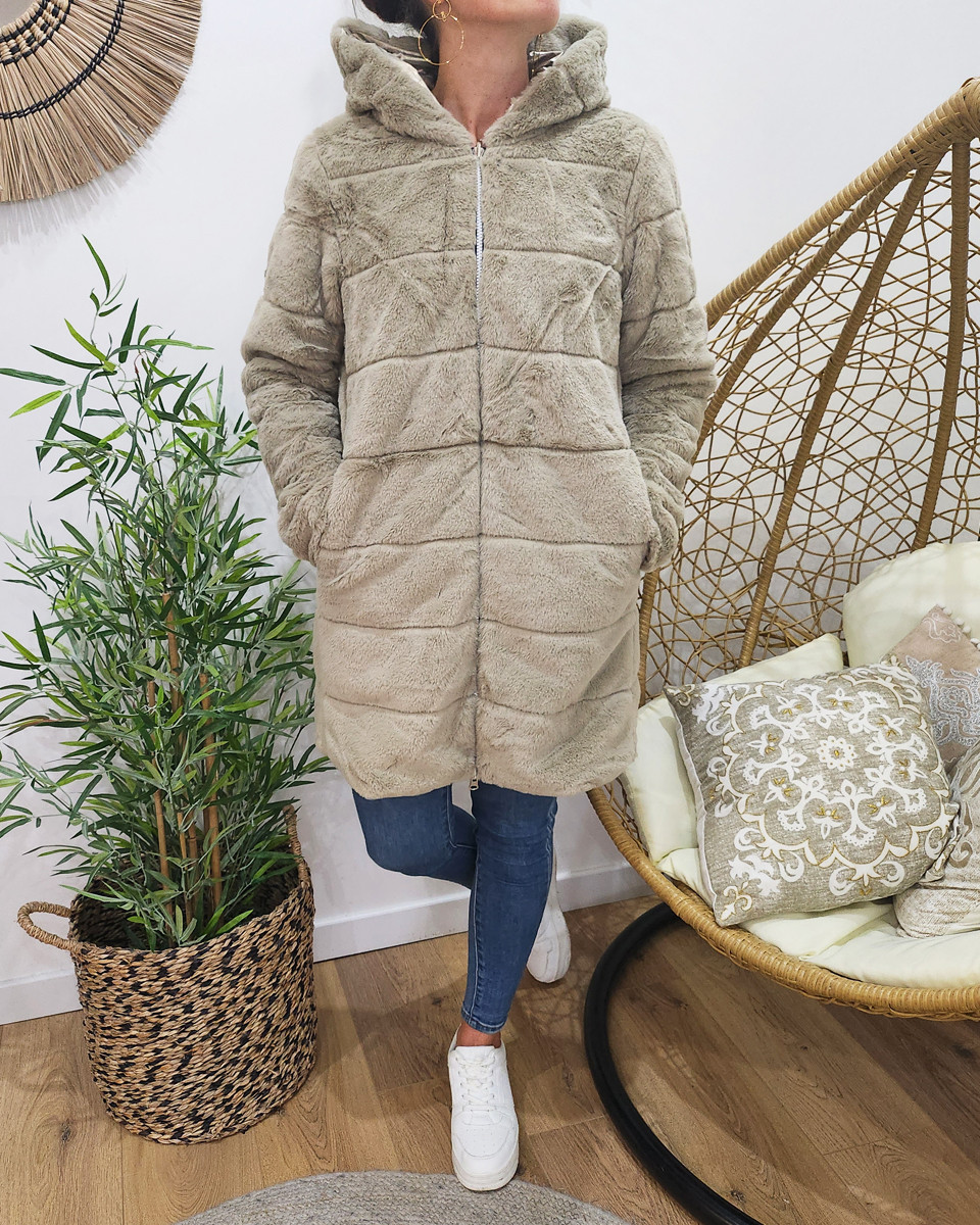 Parka femme longue réversible dorée fausse fourrure beige