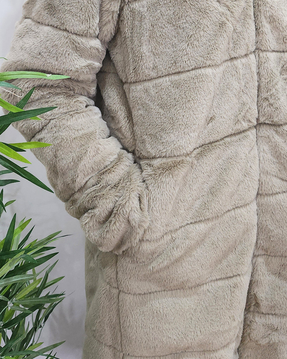 Parka femme longue réversible dorée fausse fourrure beige