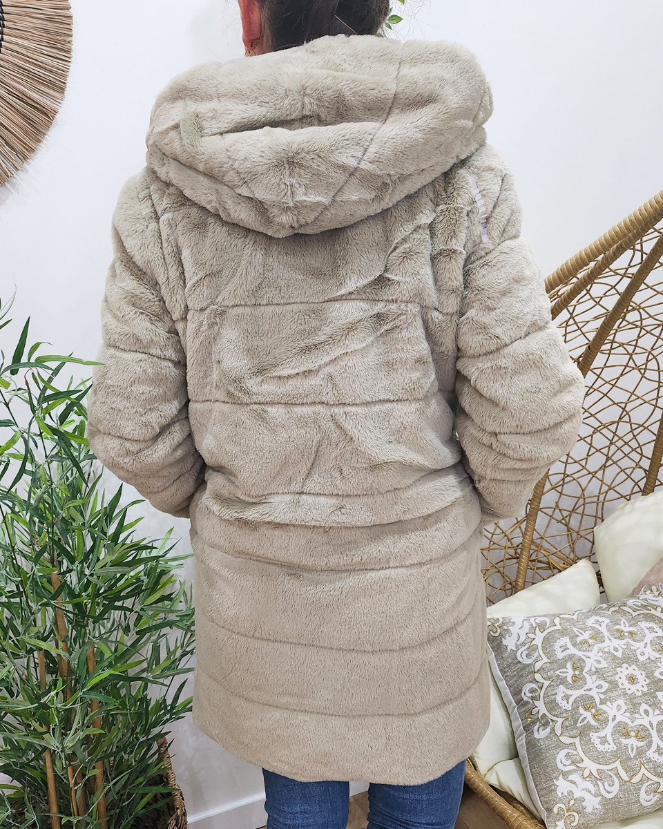 Parka femme longue réversible dorée fausse fourrure beige