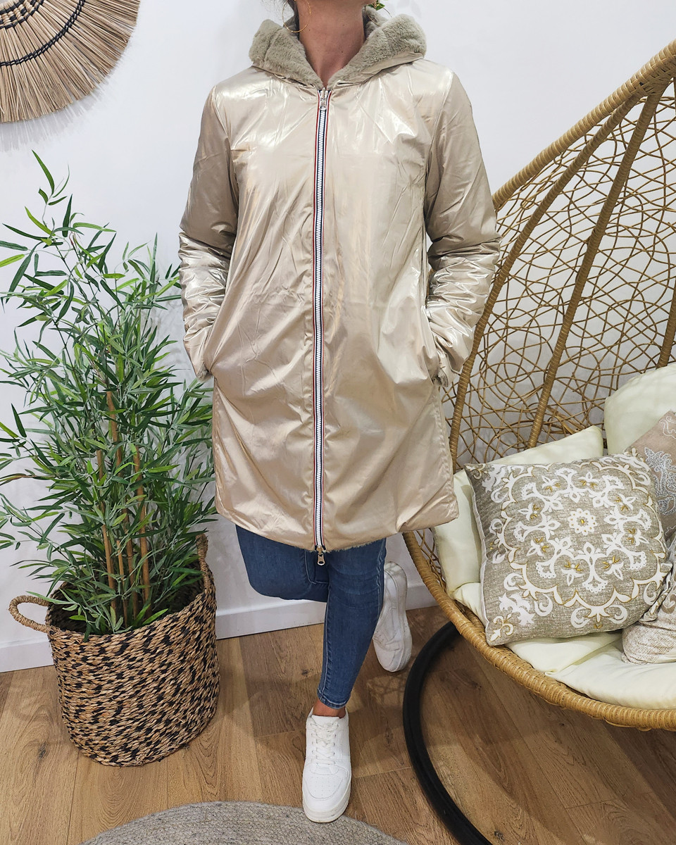 Parka femme longue réversible dorée fausse fourrure beige