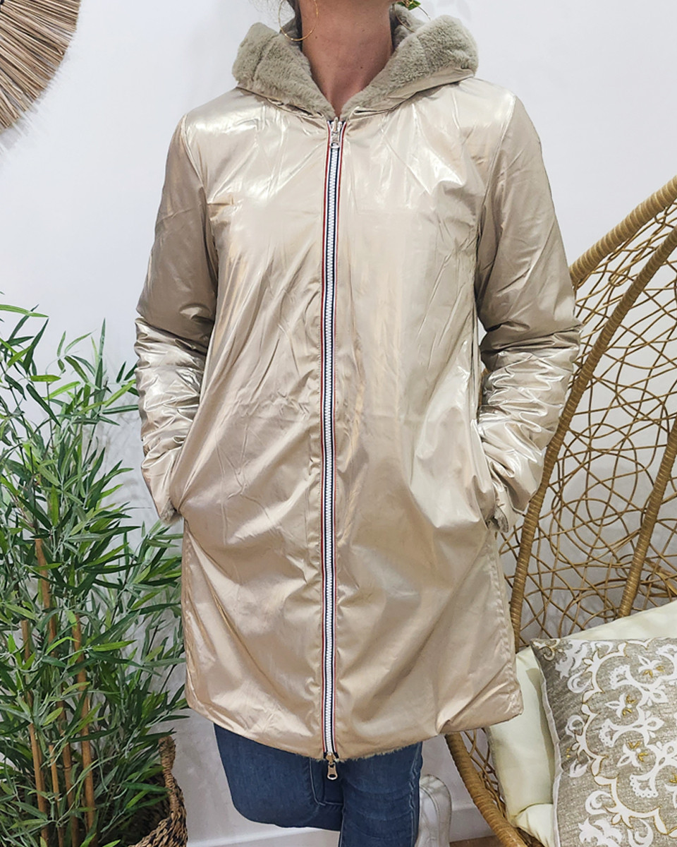 Parka femme longue réversible dorée fausse fourrure beige