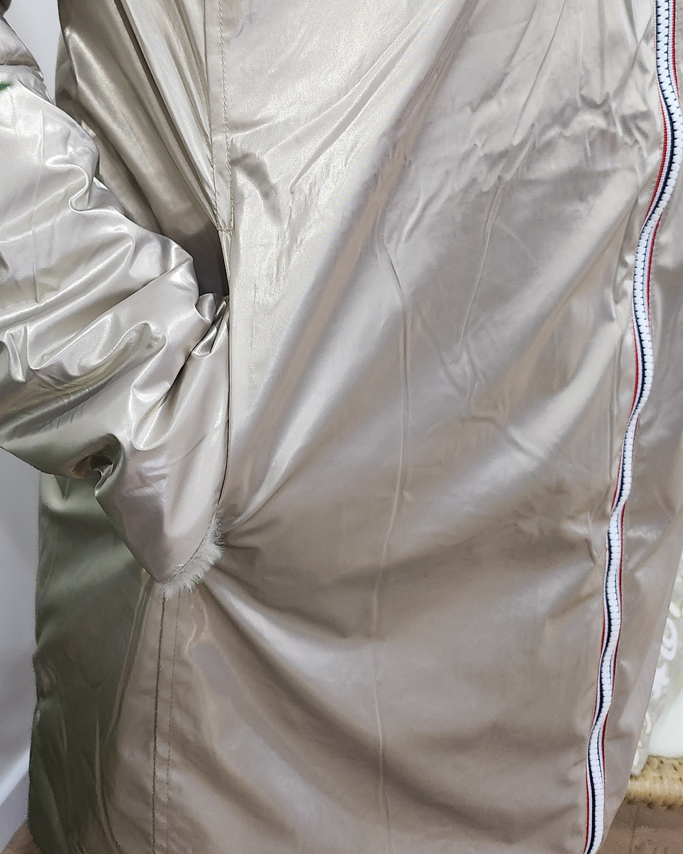 Parka femme longue réversible dorée fausse fourrure beige