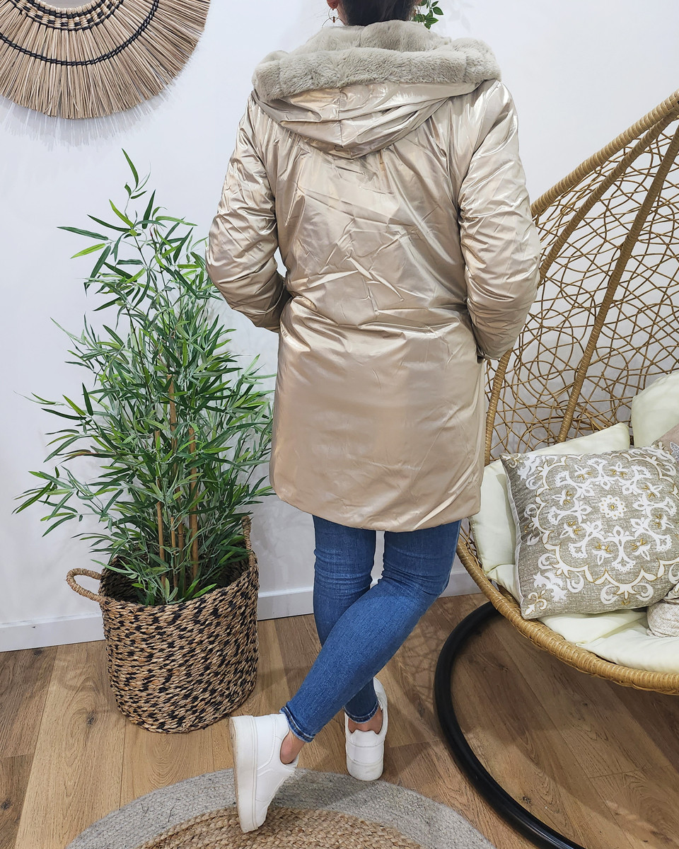 Parka femme longue réversible dorée fausse fourrure beige