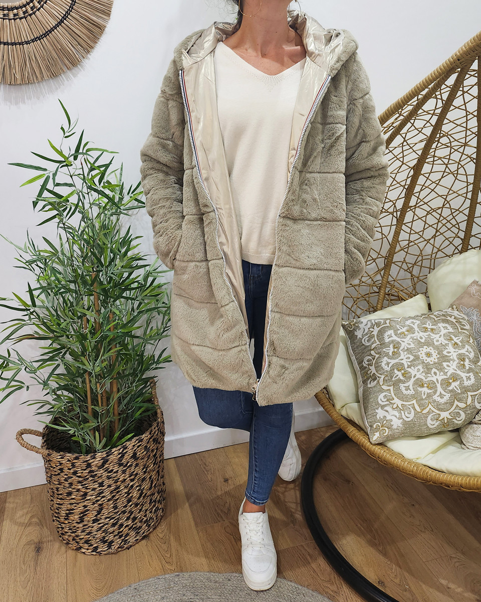 Parka femme longue réversible dorée fausse fourrure beige
