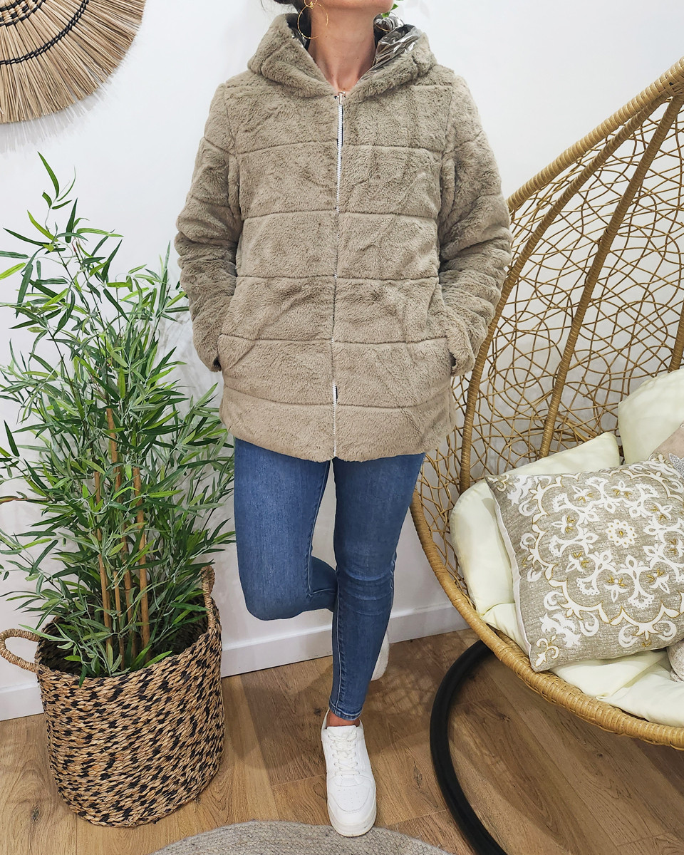 Parka femme réversible bronze fausse fourrure taupe Zola