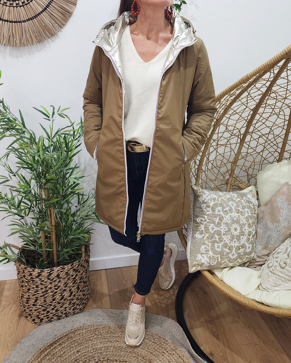 Parka doudoune femme longue épaisse réversible camel et dorée