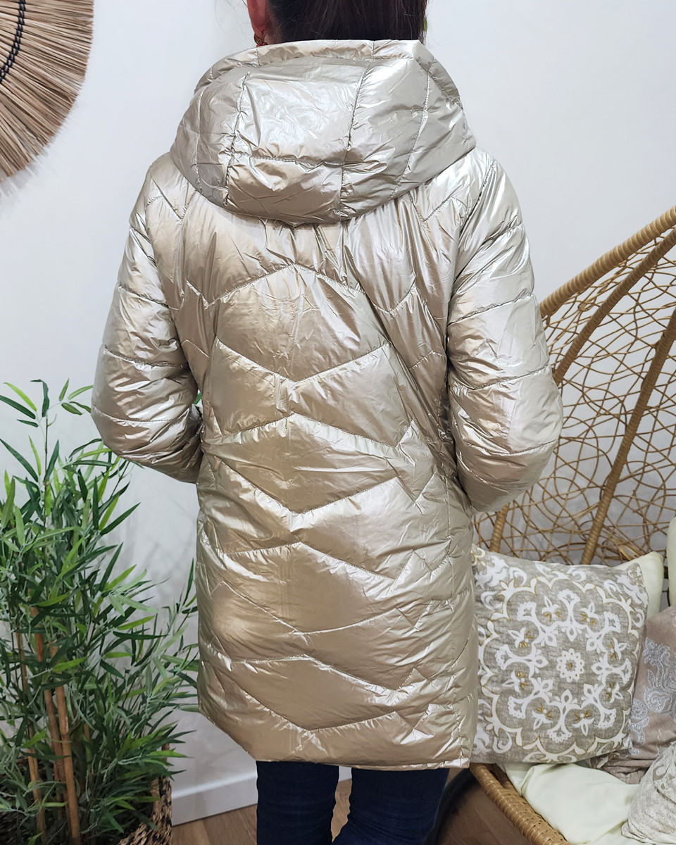 Parka doudoune femme longue épaisse réversible camel et dorée