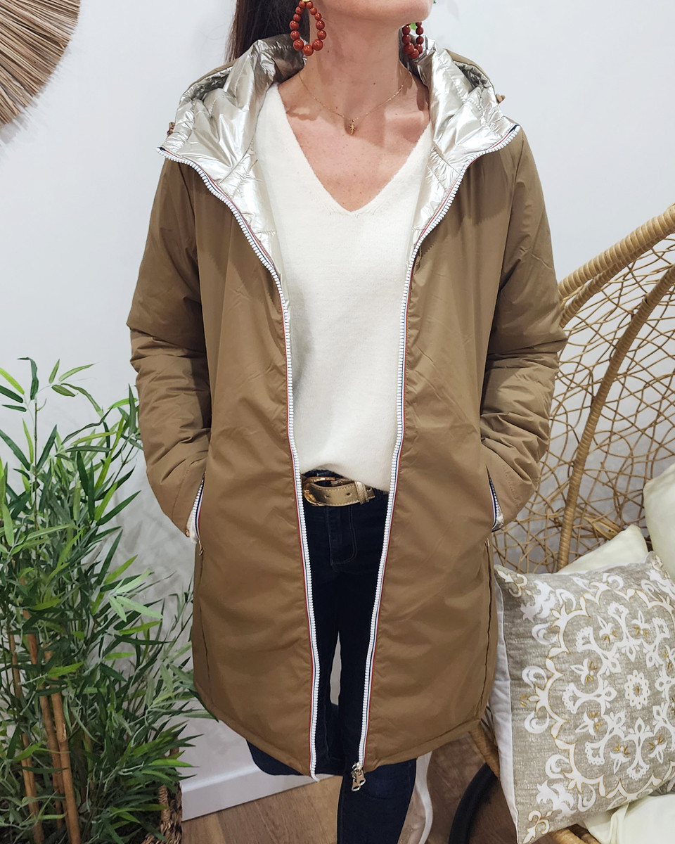 Parka doudoune femme longue épaisse réversible camel et dorée