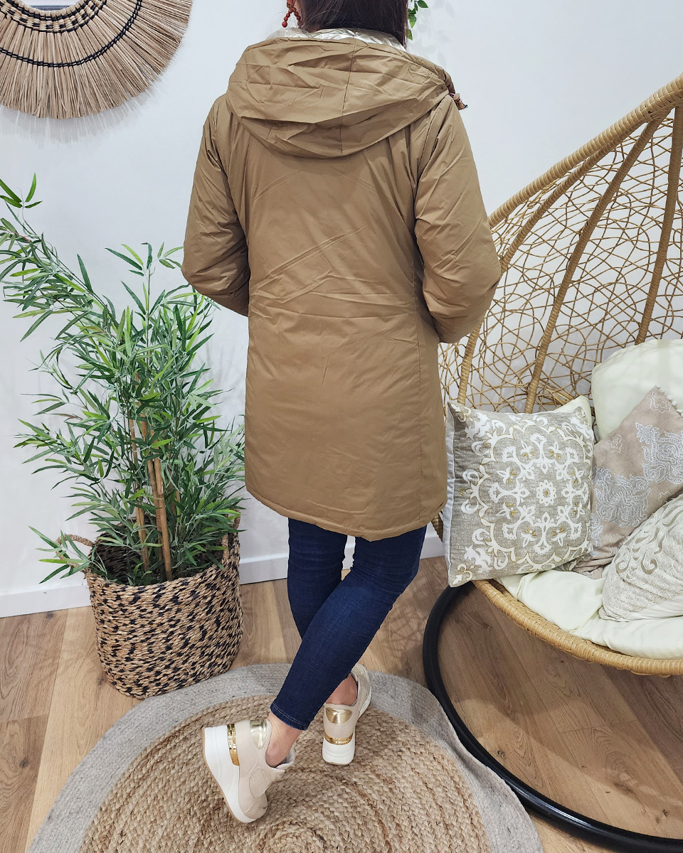 Parka doudoune femme longue épaisse réversible camel et dorée