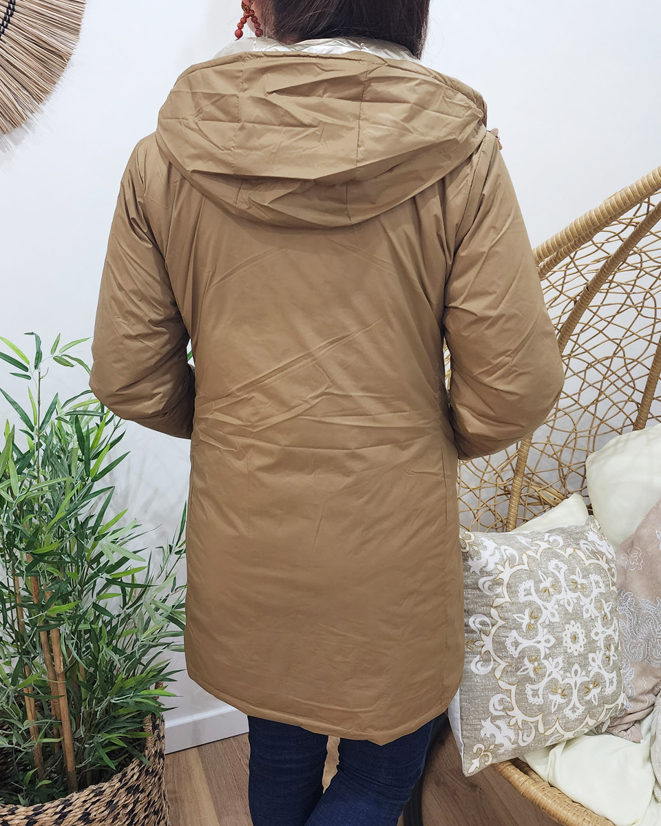 Parka doudoune femme longue épaisse réversible camel et dorée