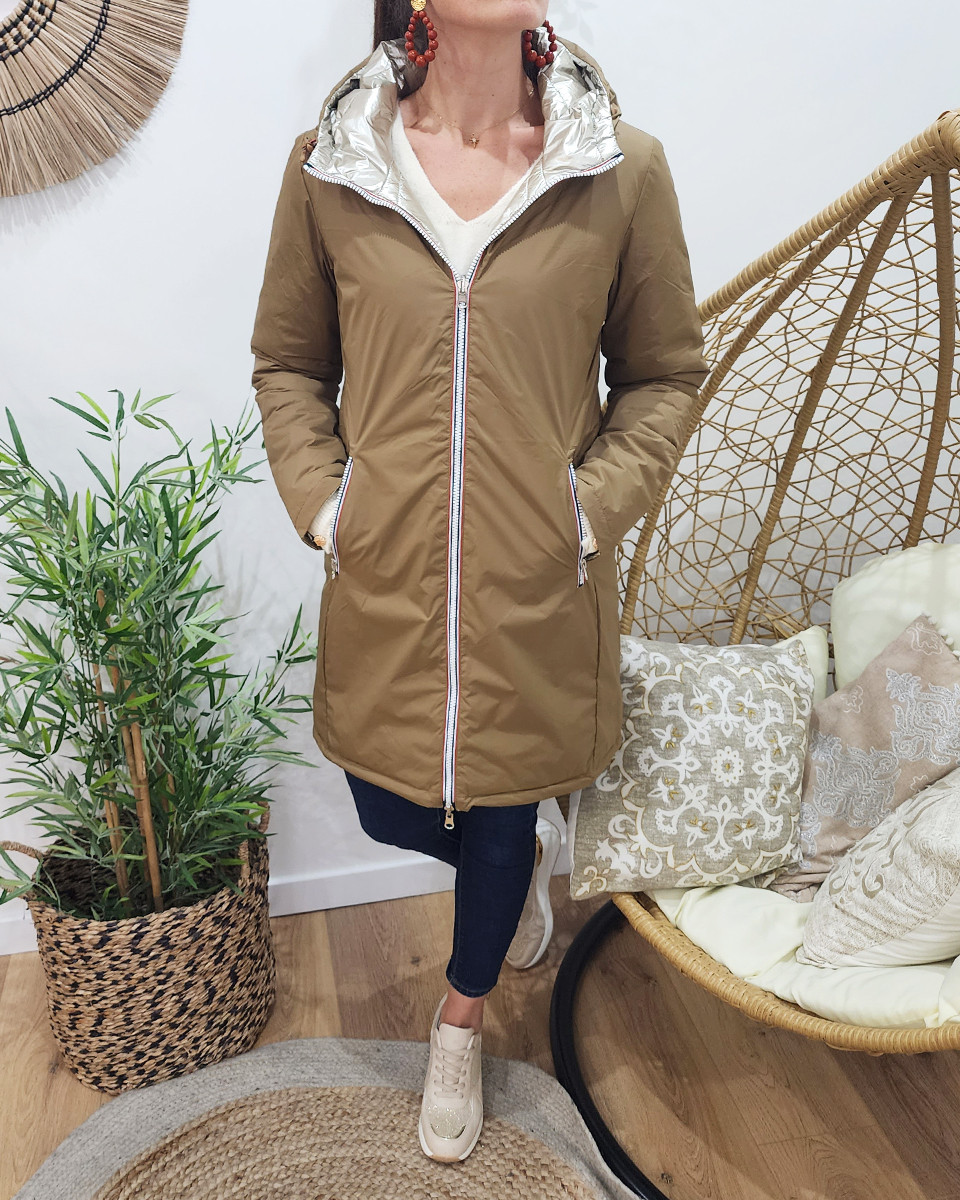 Parka doudoune femme longue épaisse réversible camel et dorée