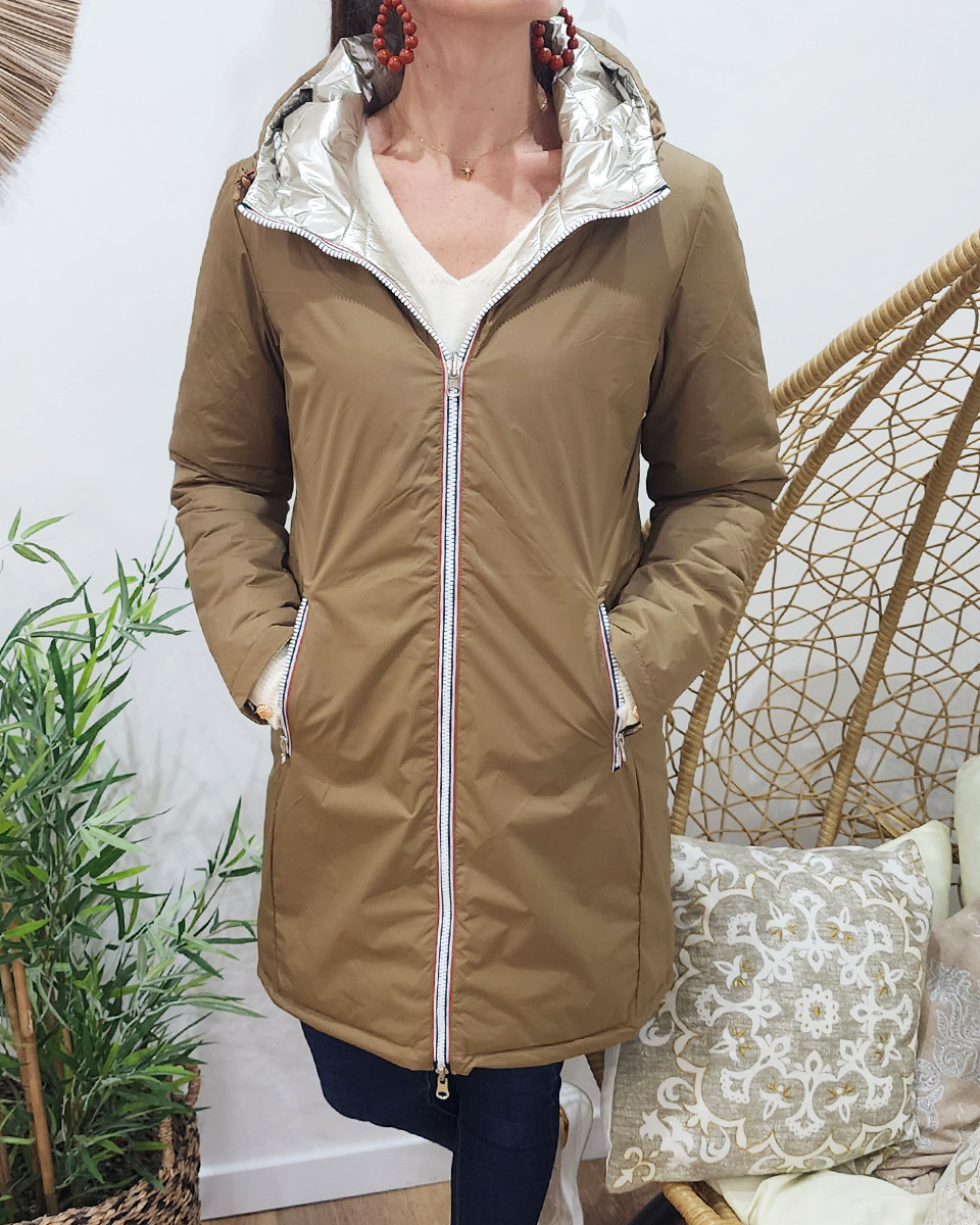 Parka doudoune femme longue épaisse réversible camel et dorée