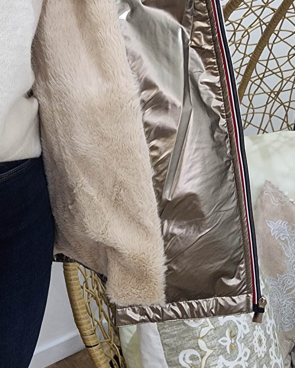 Parka femme dorée fourrée beige à capuche