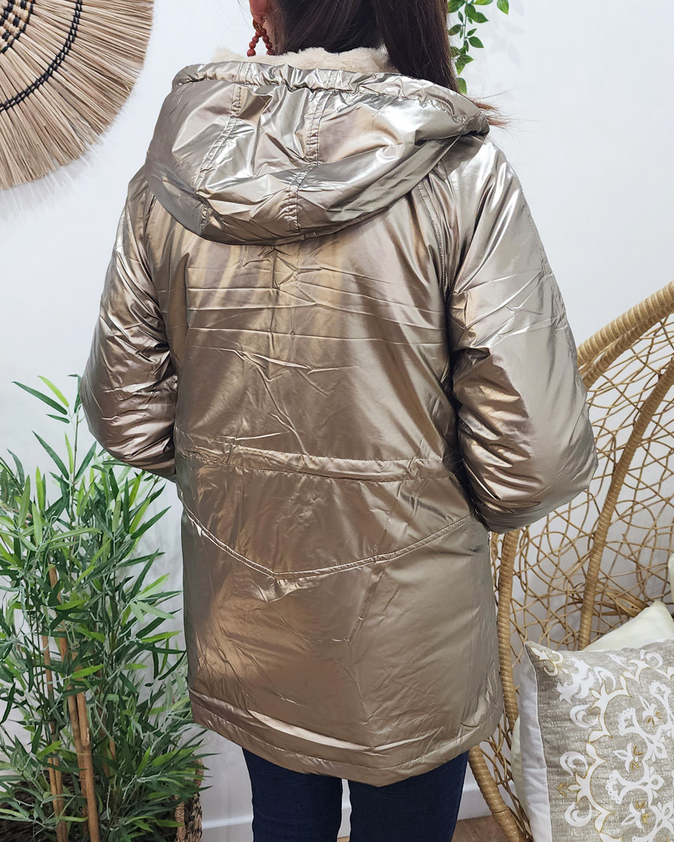 Parka femme dorée fourrée beige à capuche